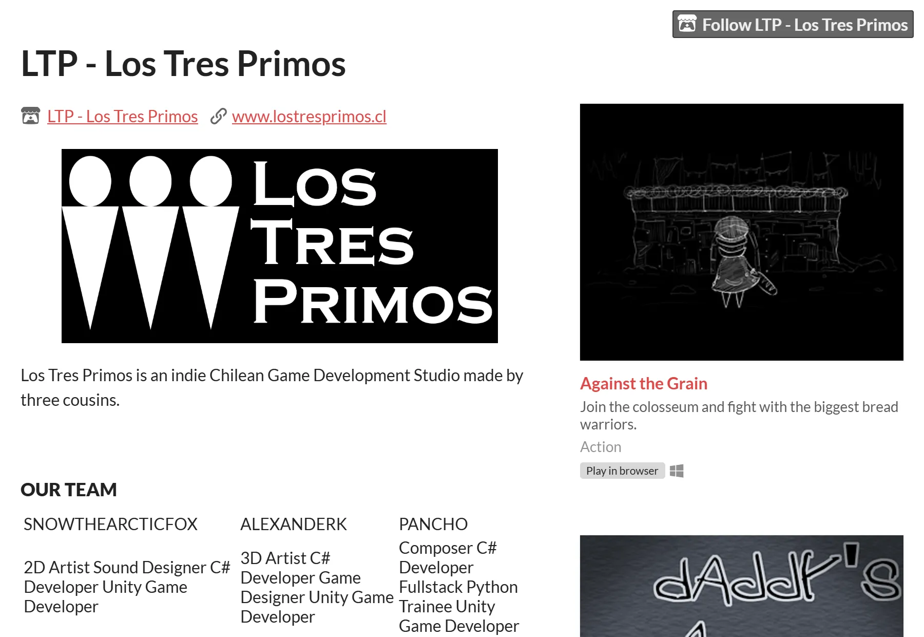 Vista previa de la página de itch.io de Los Tres Primos